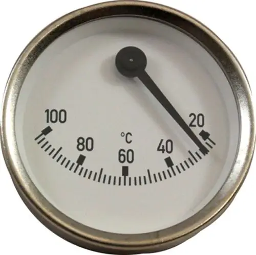 Thermometer mit einem weißen Ziffernblatt und schwarzer Skala, markiert mit Wolf, zur Anzeige von Temperaturen zwischen 0°C und 100°C.